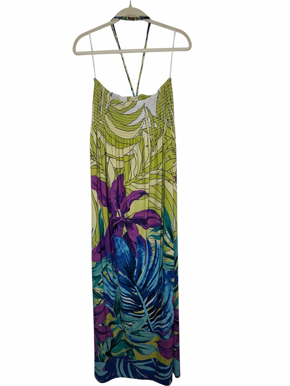Vintage Cache Tropical Halter Maxi Dress Beaded Y2K USA XL Vacation Resort - Picture 2 of 10